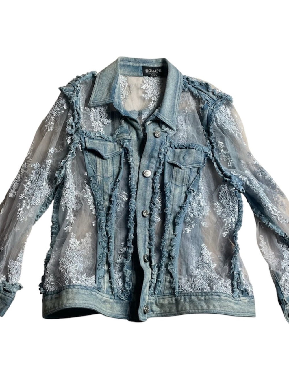 BOLUFE Sheer Embroidered Denim Jacket Blue Size S